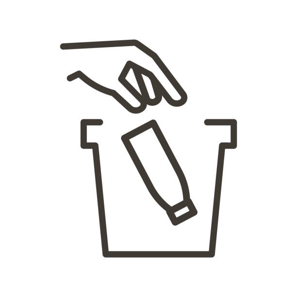 Vector thin line icon outline linear stroke illustration of hand throwing bottle into trash bin. Vector eps10 trash icon stock illustrations
