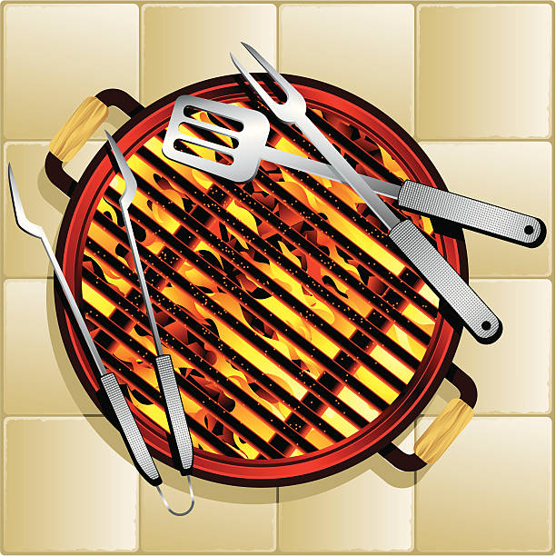 Barbecue grill with tools vector art illustration