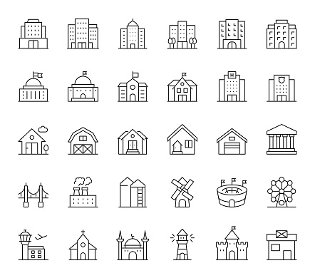 Buildings Editable Stroke Line Icons