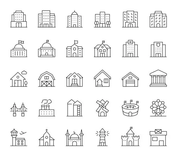Vector illustration of Buildings Line Icons
