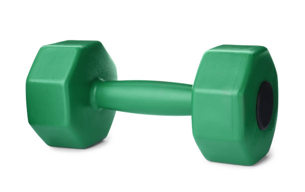 istock Green dumbbell isolated on white. Weight training equipment 1477276912