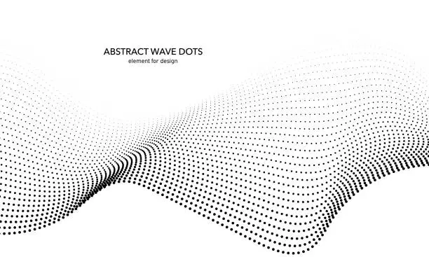 Vector illustration of Abstract wave dotted element for design. Stylized line with dot on art background. Waves range with lines dots. Digital frequency track equalizer. Curved smooth wavy string. Vector illustration.
