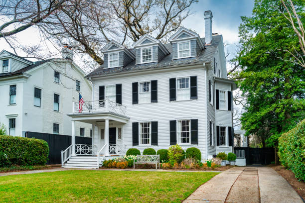 Traditional house in Georgetown district, Washington DC, USA on a cloudy day.
