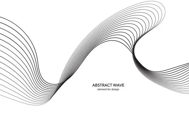 Vector illustration of Abstract wave element for design. Digital frequency track equalizer. Stylized line art background. Vector illustration. Wave with lines created using blend tool. Curved wavy line, smooth stripe.