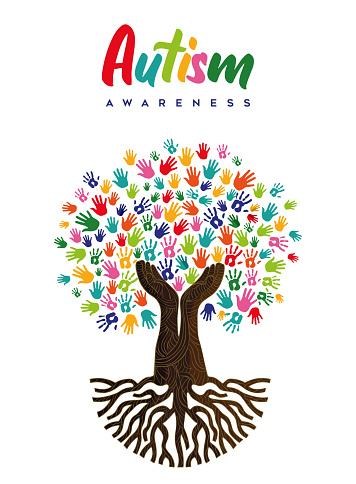 Autism Awareness Day greeting card illustration of colorful diverse child hand print together making tree shape. Autistic children learning ability support concept, kid education or psychology design.