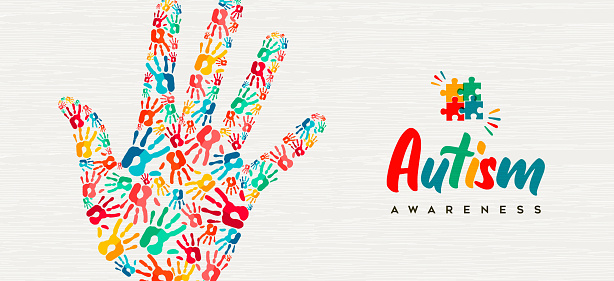 Autism Awareness Day web banner illustration of colorful diverse children hand print together. Autistic children learning ability support concept, kid friend group design.