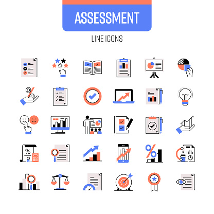 Assessment Line Icon Set. Analysis, Quality, Check Mark, Choice, Finance, Business