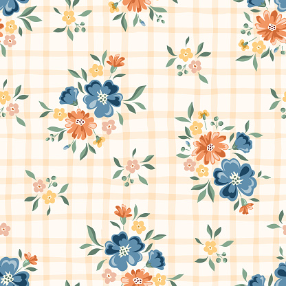 Delicate Chintz Romantic Meadow Wildflowers and Gingham Plaid Vector Seamless Pattern. Cottagecore Garden Flowers and Foliage Print. Homestead Bouquet. Farmhouse Background