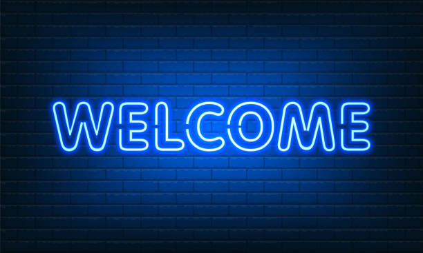 istock Neon sign Welcome with glass on brick wall background. Vintage blue electric signboard with bright neon lights. Drink Night Club. Bar neon sign light falls. Vector illustration 1477291185