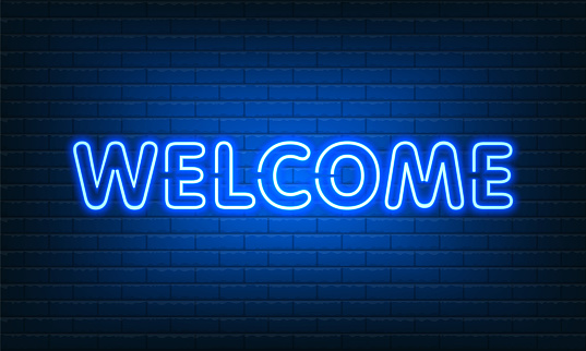 Neon sign Welcome with glass on brick wall background. Vintage blue electric signboard with bright neon lights. Drink Night Club. Bar neon sign light falls. Vector illustration.