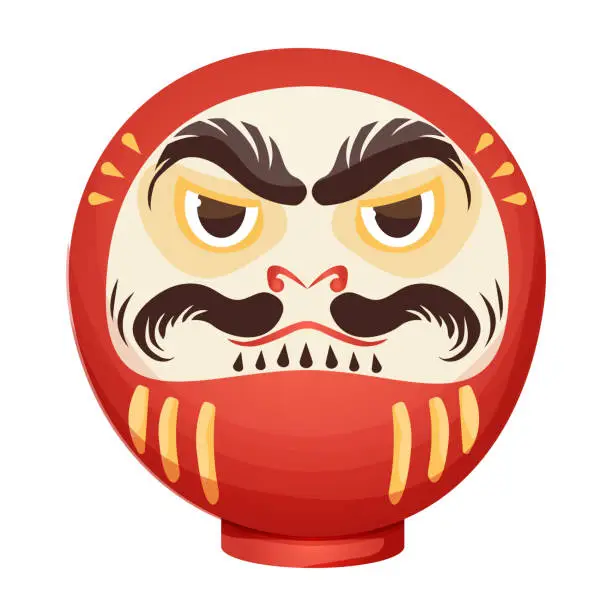 Vector illustration of Daruma red traditional japan doll talisman with angry face, geld elements in cartoon style isolated on white background. Vector illustration