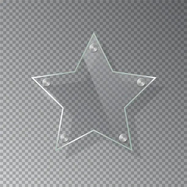 Vector illustration of Glass star shape plate isolated on transparent background. Vector realistic acrylic frame with steel rivets
