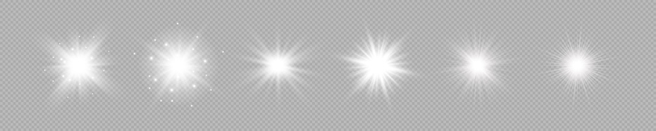 Light effect of lens flares. Set of six white glowing lights starburst effects with sparkles on a grey transparent background. Vector illustration