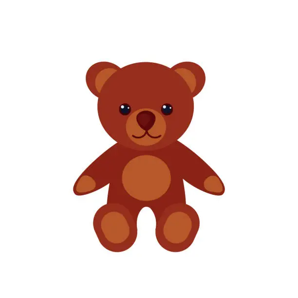 Vector illustration of Teddy bear, cute brown toy for sweet cuddles, sitting cuddly stuffed soft doll to play