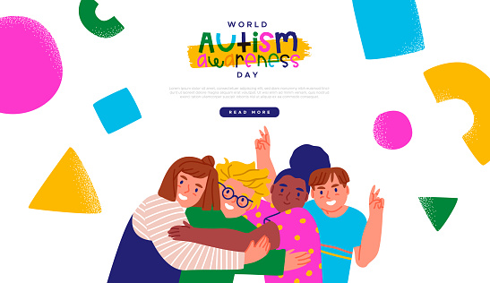 World Autism Awareness Day web template illustration of cute children friends hug together. Diverse child group. Autistic kid support design for april 2 event.