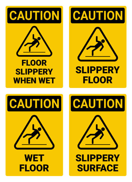 illustrazioni stock, clip art, cartoni animati e icone di tendenza di collezione di cartelli per pavimenti scivolosi e pavimenti bagnati - slippery when wet sign