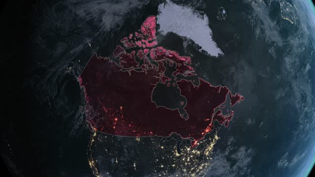 Highlighted dark map of Canada, zooming in from the space through a 4K photo real animated globe, with a panoramic view consisting of Africa, North and South America. Epic spinning world animation, Realistic planet earth, highlight, satellite, aerial