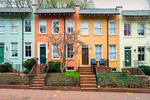 Colorful townhouses in Georgetown district, Washington DC, USA.