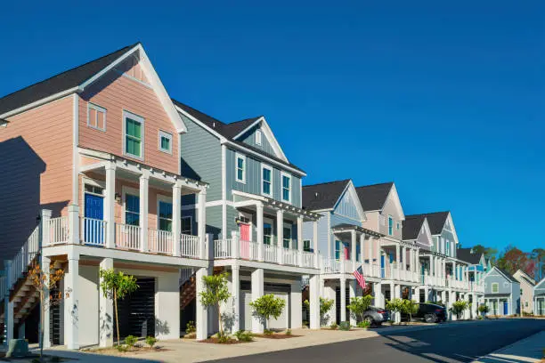 New detached houses in a residential district in Myrtle Beach, South Carolina, USA on a sunny day.