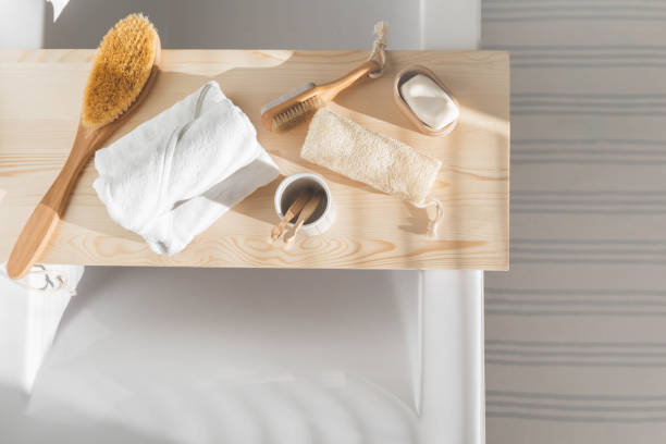 istock Bathroom domestic spa procedure body care tools arrangement minimal ecology space organization 1477299730