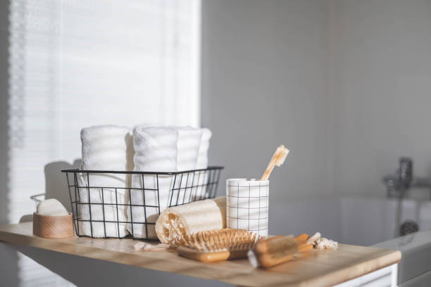 istock Bathroom domestic spa procedure body care tools arrangement minimal ecology space organization 1477301086
