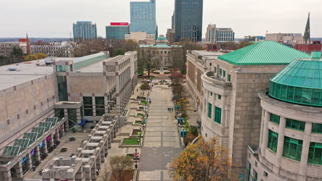 Aerial establishing shot of the North Carolina State Capitol in Raleigh