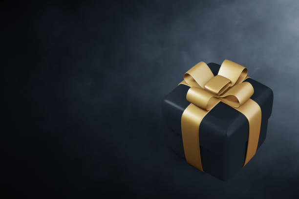 istock Top view gift box on dark background 3d illustration, black friday concept 1477305168