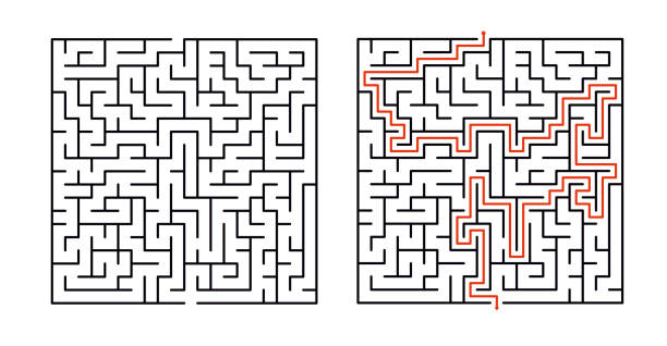 Vector Square Maze abyrinth with Included Solution in Black  Red. Funny  Educational Mind Game for Coordination, Problems Solving, Decision Making Skills Test. maze stock illustrations