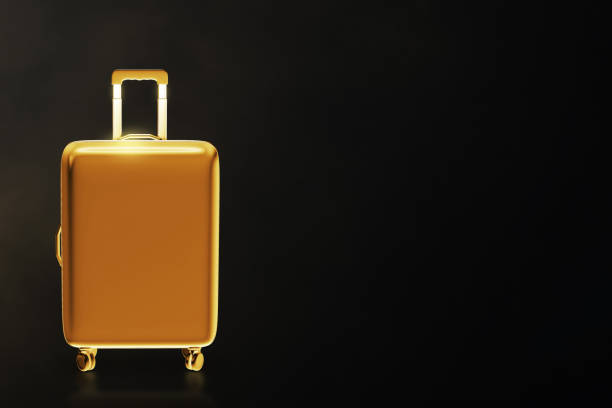Golden suitcase on black background 3d illustration stock photo