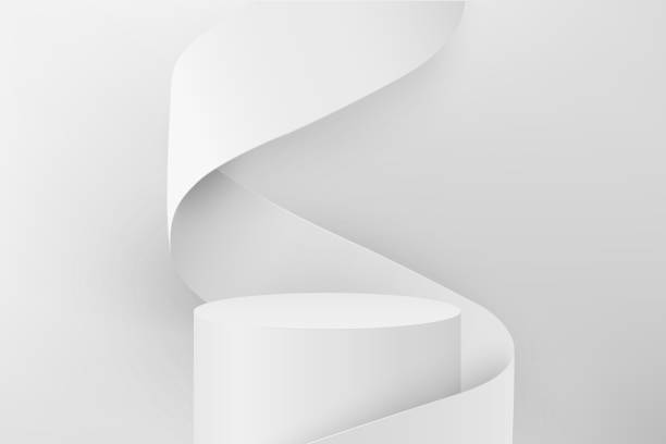 istock Abstract 3D realistic white empty round podium and white swirling ribbon. Minimal scene for product display presentation 1477307704