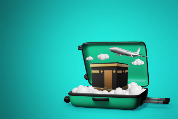 Green suitcase eid adha mubarak travel concept on 3d illustration