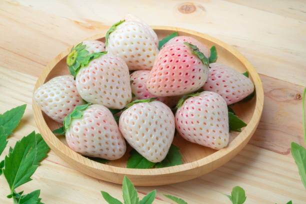 木の背景に木の板に新鮮なピンクの雪のイチゴ、木の背景に白とピンクの雪のイチゴ。 - strawberry fruit isolated freshness ストックフォトと画像