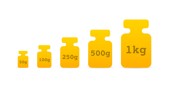 A set of weights for scales in the style of flat. calibration weights. Metal weights to determine weight. Instrument for Measurement Accuracy Mass. Vector illustration