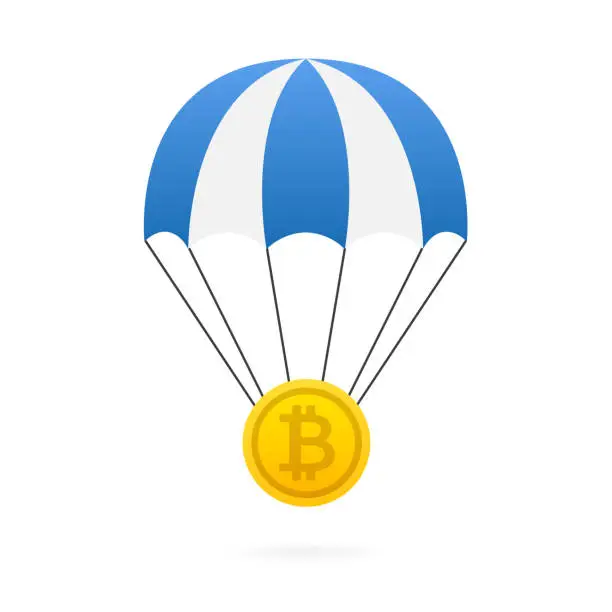 Vector illustration of Bitcoin falls by parachute. insure cryptocurrencies against the crisis.Web banner of Blockchain Technology, Bitcoin, Altcoins, Cryptocurrency Mining, Finance, Digital Money Market. Vector illustration