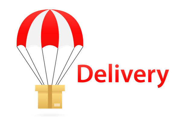 istock Parachute gift box package aerial post delivery emblem icon . 3d colorful parachute and a real box. Delivery concept. Delivery service. Parachute with a parcel in the sky. Vector illustration 1477309956