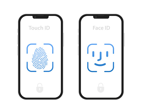 Face scanning process. Facial detection symbols. Face recognition. Biometric verification. Touch id and face id icon on mobile devices. Flat design style. Vector illustration