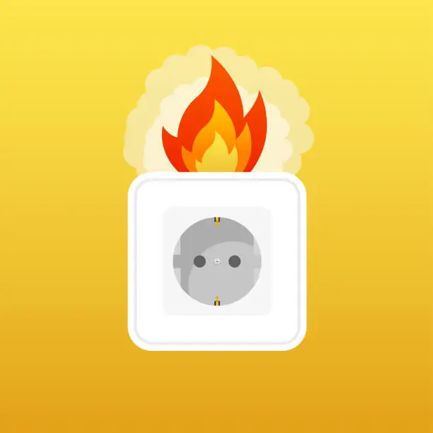 Vector illustration of Fire protection wiring. The socket and the plug are on fire from overloading. The concept of electrical safety. Electric short circuit circuit. The electrical connection is broken. Vector illustration