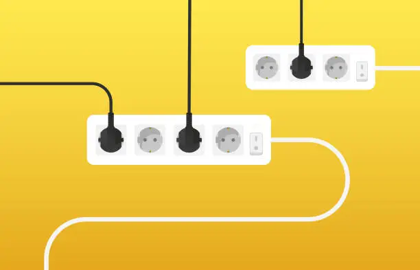 Vector illustration of Cables from several extension cords, electrical wires and chargers on a yellow background. Cable clutter. Cable management. Electric socket and many plugs with wires. Flat design. Vector illustration