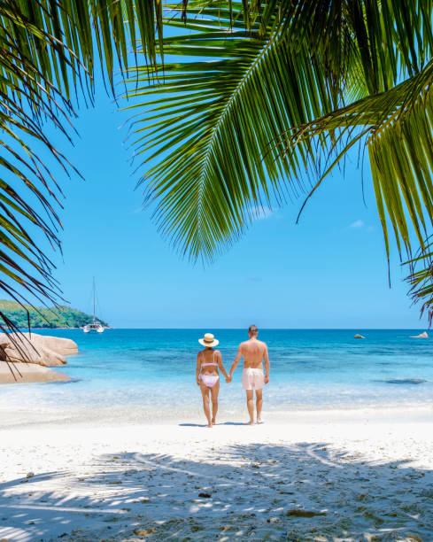 istock Praslin Seychelles tropical island with withe beaches and palm trees, couple men and women mid age on vacation at the Seychelles visiting the tropical beach of Anse Lazio Praslin Seychelles drone view 1477311724