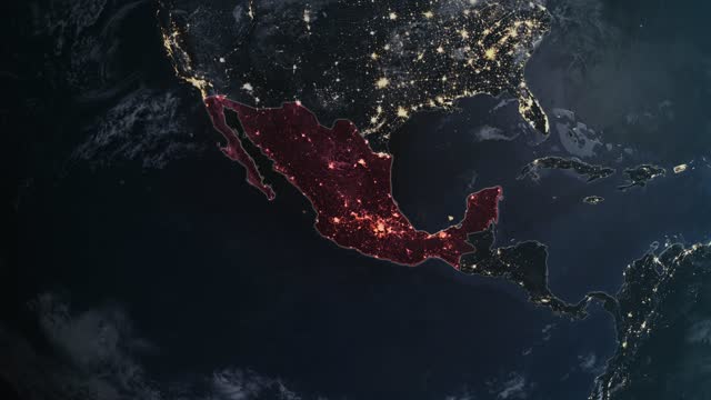 Highlighted dark map of Mexico, zooming in from the space through a 4K photo real animated globe, with a panoramic view consisting of Africa, North and South America. Epic spinning world animation, Realistic planet earth, highlight, satellite, aerial