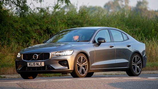 Volvo V90 station wagon car parked in Norway. There are 2.8 million cars registered in Norway (2019).