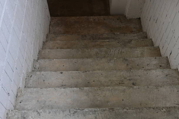 istock dirty grey cement staircase and white brick wall texture background, way to underground room, interior construction industry 1477317951