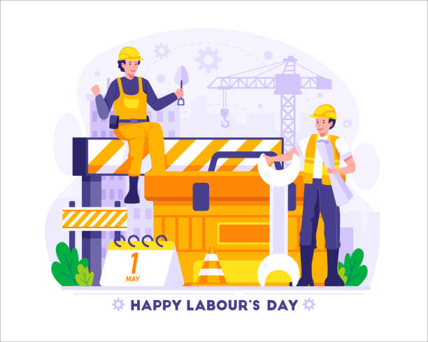 ハッピー労働者の日。建設作業員が道具を握っている。労働者の日。ベクターイラスト - construction worker manual worker construction group of people点のイラスト素材／クリップアート素材／マンガ素材／アイコン素材