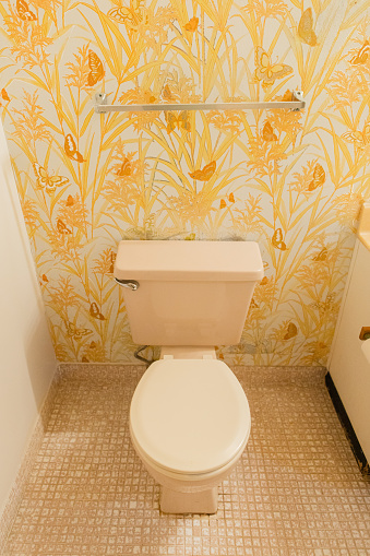 An Outdated Bathroom with Yellow Butterfly & Flower Wallpaper and Cream-Colored Fixtures in a South Florida Home in 2023