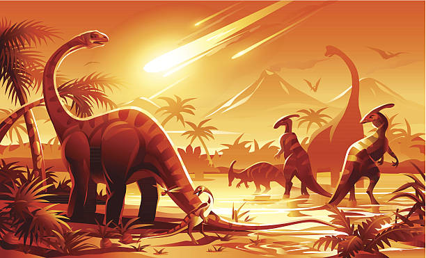ilustraciones, imágenes clip art, dibujos animados e iconos de stock de dinosaur extinción - asteroide