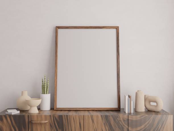 istock Empty poster wood frame mockup in living room interior with light reflection. 3d rendering, 3d illustration 1477326509