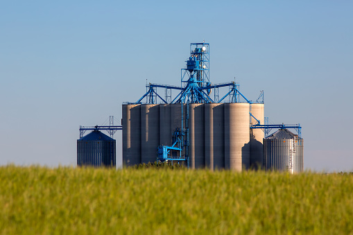 Prairie scenes with grain elevators in the background.