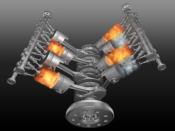 V8 motor pistons, valves, con-rod and crankshaft in work. 3D image.