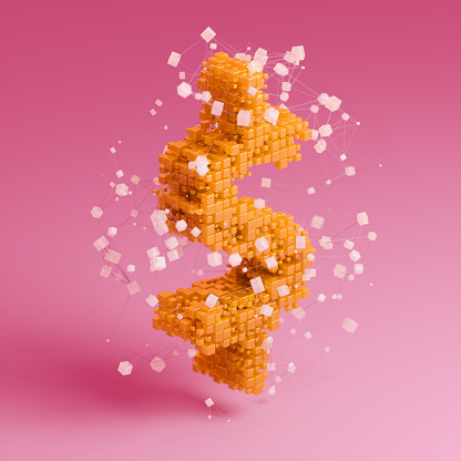 Gold-colored, stylized, and three-dimensional US dollar sign with abstract connections on a pink background.