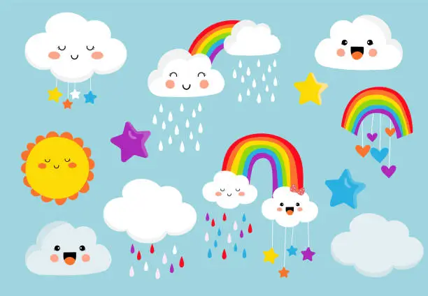 Vector illustration of vivid rainbow set with cloud,sun,star,heart illustration for sticker,postcard,birthday invitation.Editable element